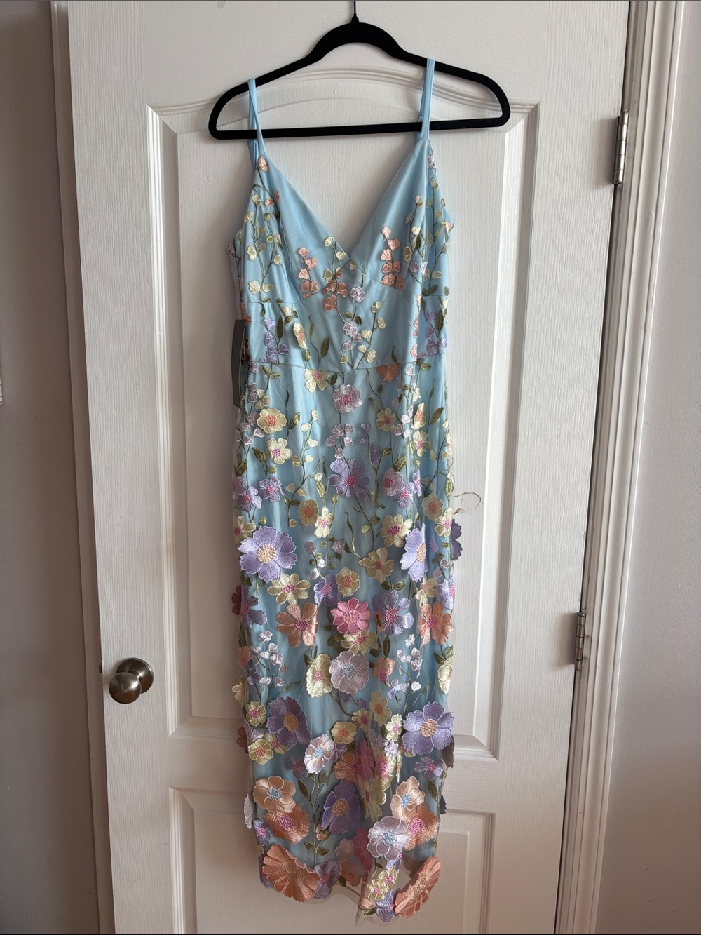bebe Pastel Blue Embroidered Floral Maxi Dress